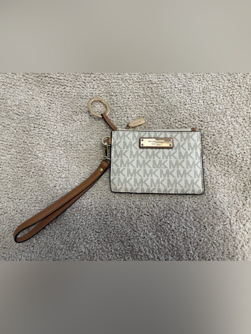 Michael Kors Beige Signature Logo Wristlet with Tan Trim